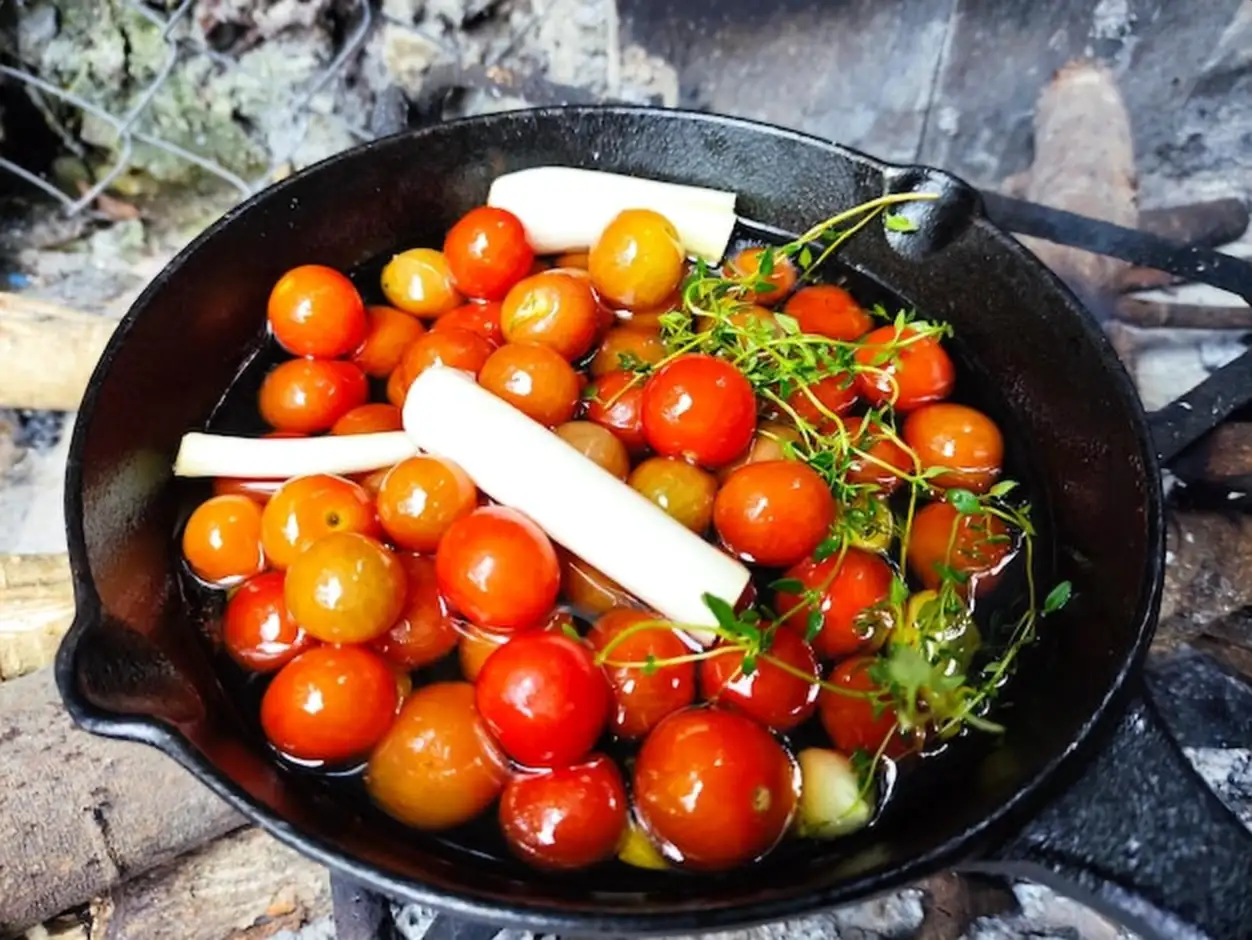 Cherry tomatoes thyme and chives olive oil cook over low or indirect heat for 30 or 45 minutes