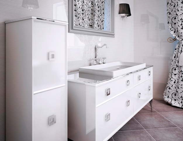 White luxury furniture in bathroom. Beautiful patterned curtains. 3D render