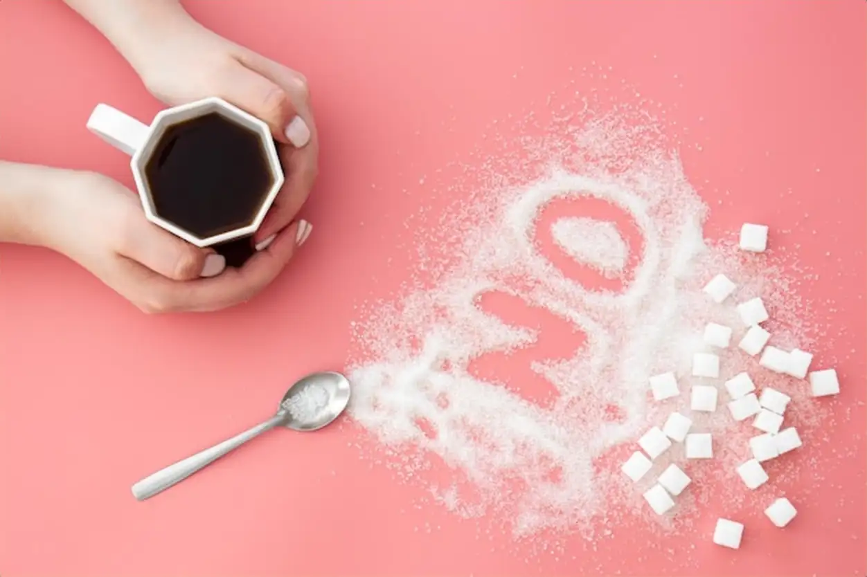 Word No made of sugar and cup of coffee on pink background flat lay