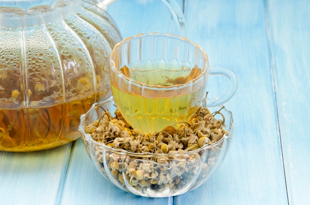 Infusion of chamomile in glass cup