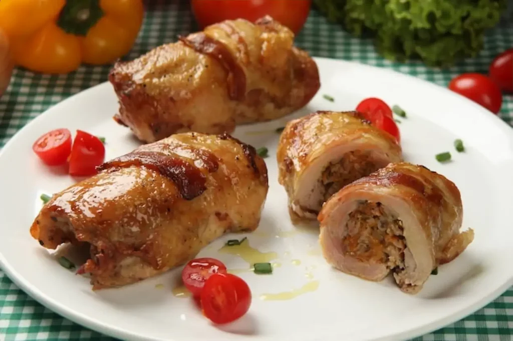 Chicken pieces with bacon. Vegetables in space
