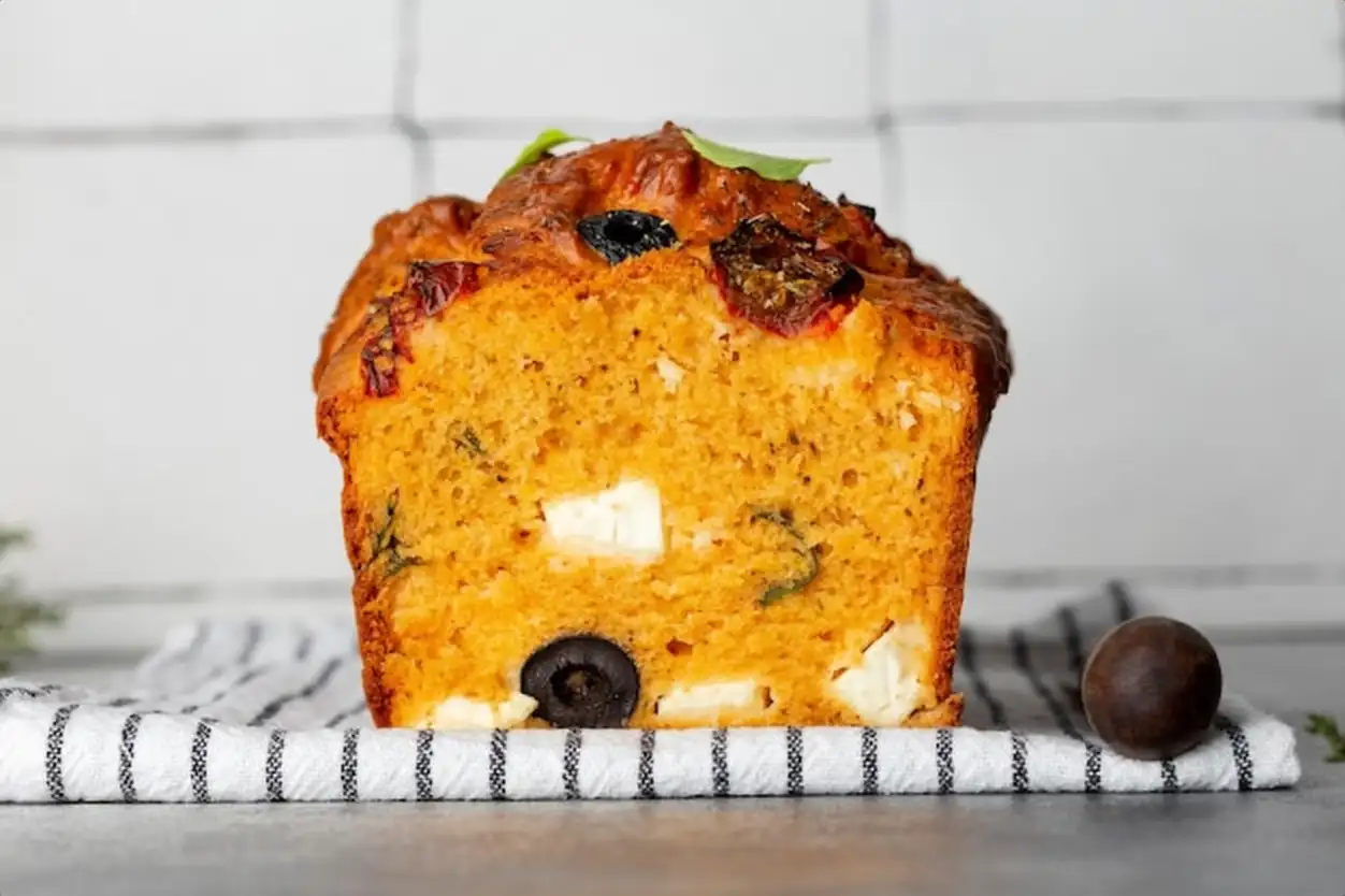 Savoury cake with tomatoes olives and feta cheese