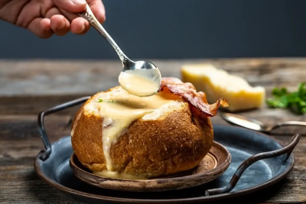 Cheese soup with bacon and herbs served in bread