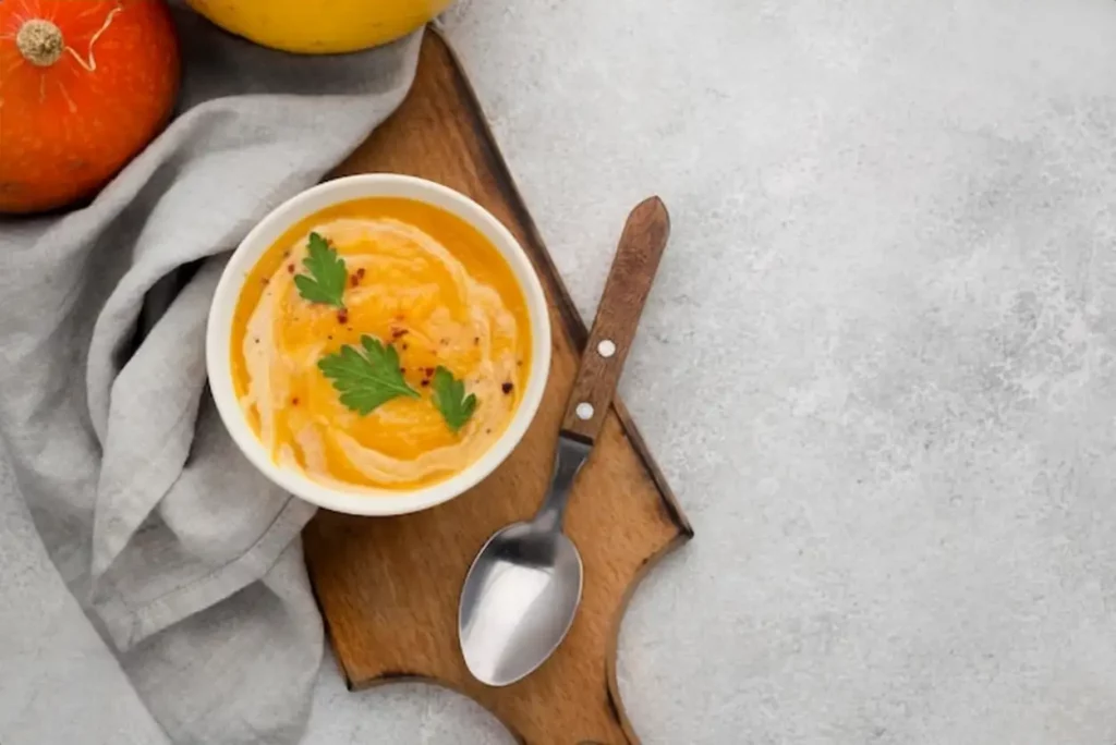 Top view delicious autumn soup composition on white background