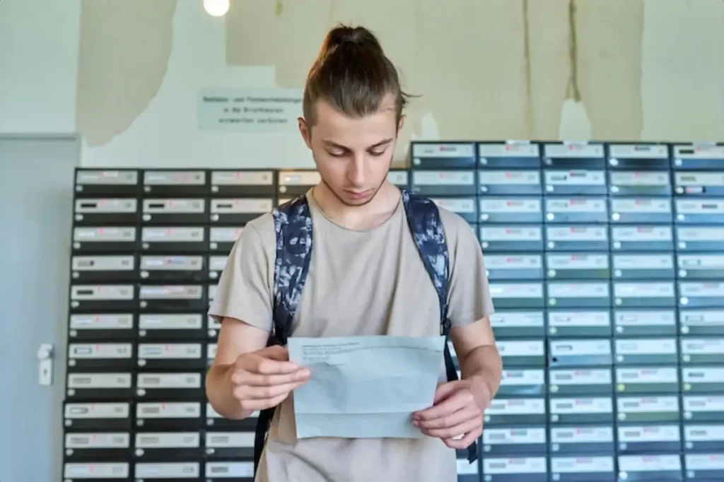 Young guy student reading an important mail letter near mailboxes
