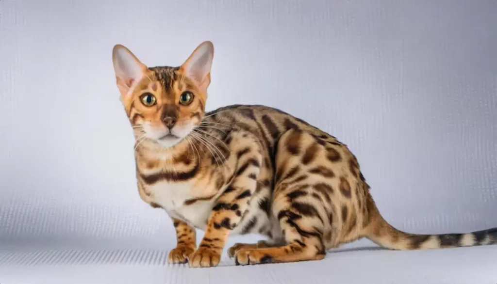 full body photo of an adorable Bengal cat with captivating amber eyes posing in studio
