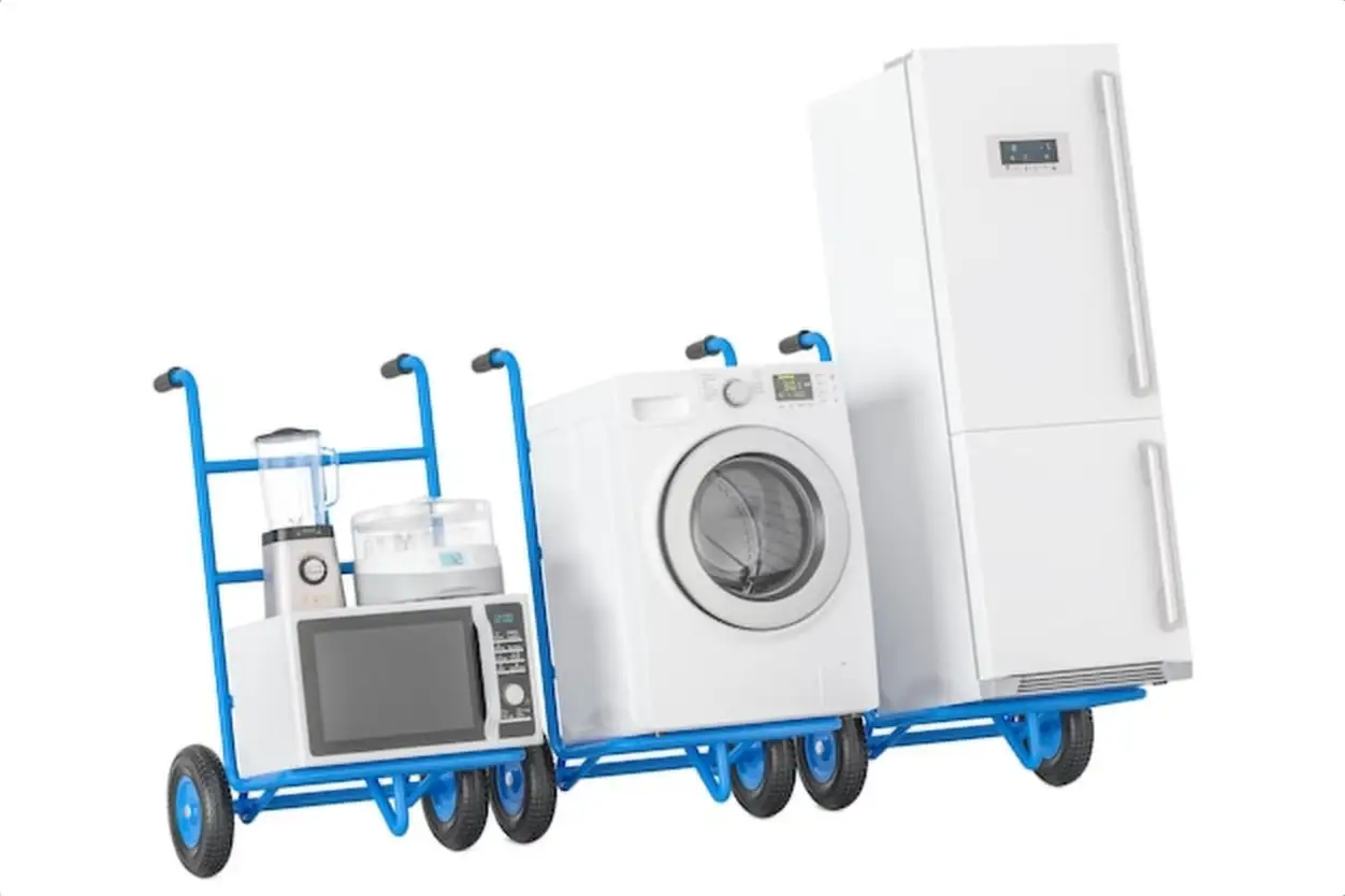 Delivery of household kitchen appliances Hand trucks with refrigerator washing machine microwave oven blender and yogurt maker 3D rendering