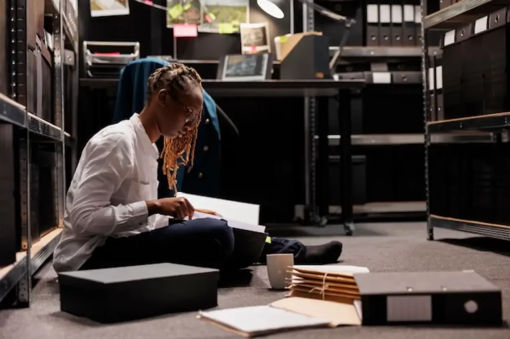 Law enforcement agent reading case file sitting on floor