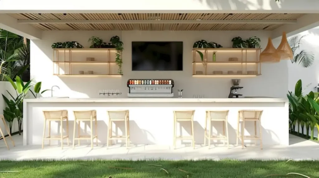 A white outdoor bar with a concrete counter top light wood and rattan chairs a tv on the wall