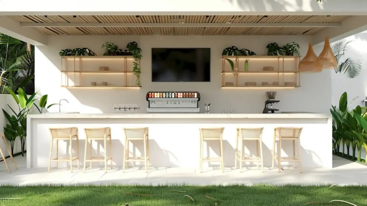 A white outdoor bar with a concrete counter top light wood and rattan chairs a tv on the wall