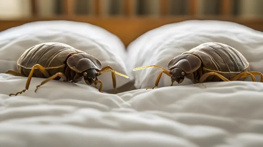 Two large insects face each other on a bed