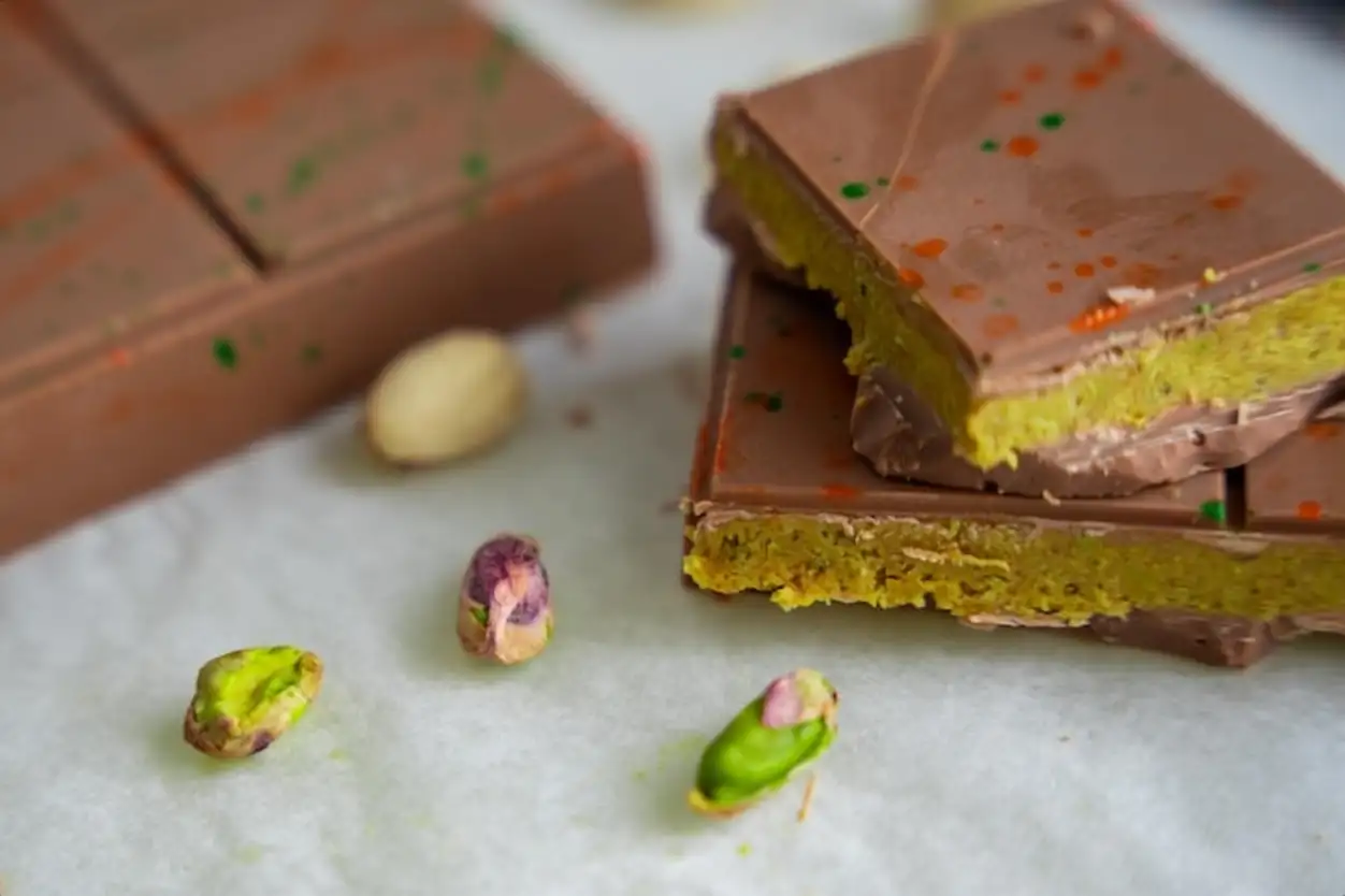 Trend dubai chocolate with pistachio paste and kataifi dough confectionery handmade sweets at home