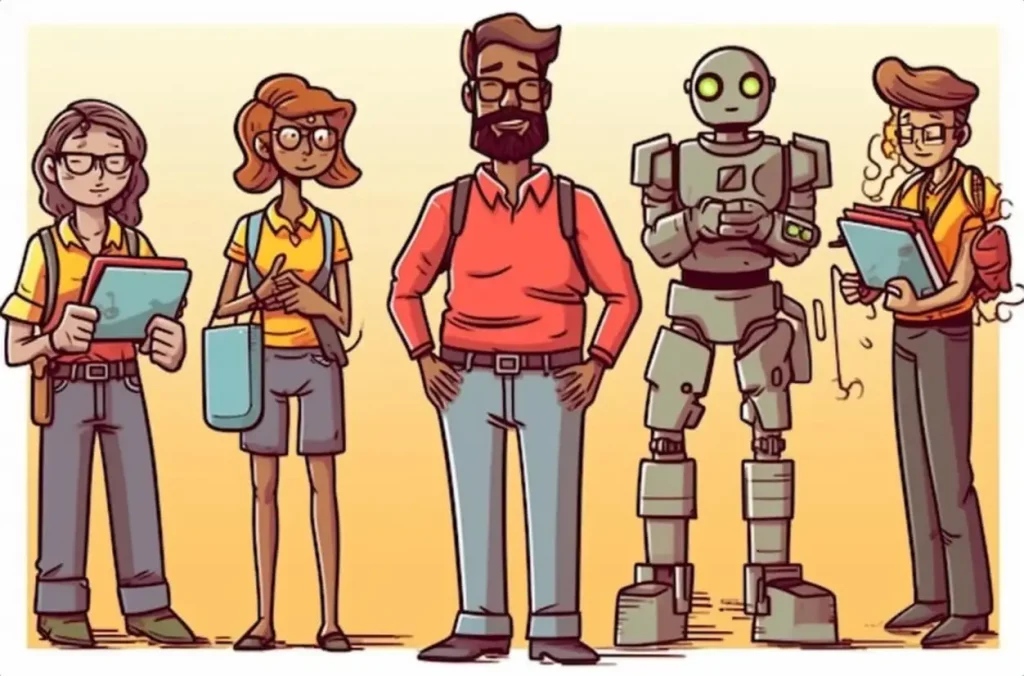 cartoon illustration of a group of people standing next to a robot generative ai
