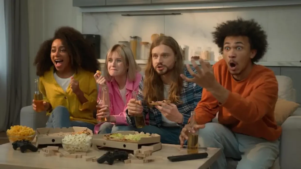 Multiracial friends multiethnic people happy excited scream shout yell rejoice celebrate at home