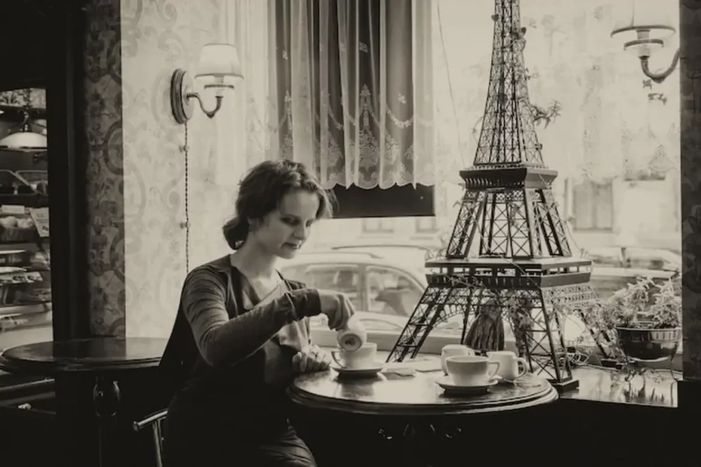 Beautiful girl with a cup of coffee in a cafe with a touch of sepia