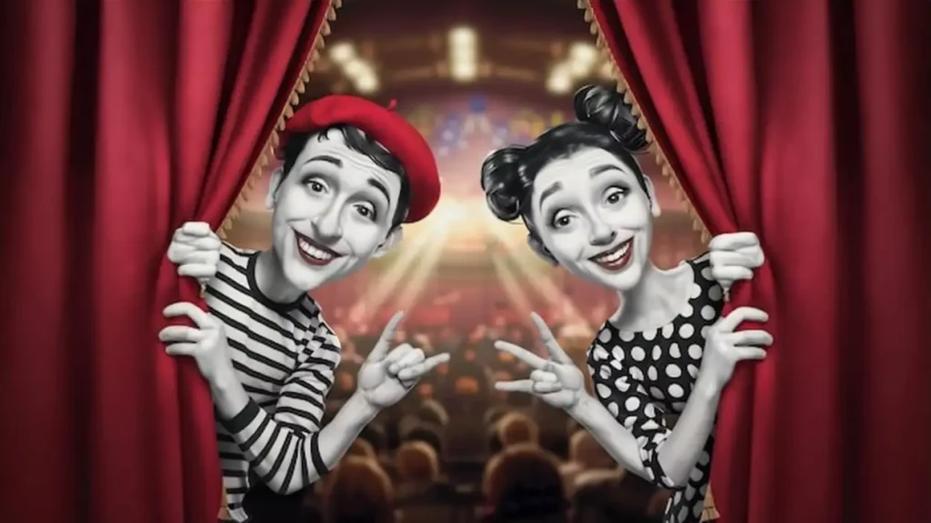 Smiling male and female mime artist peeking from red curtain