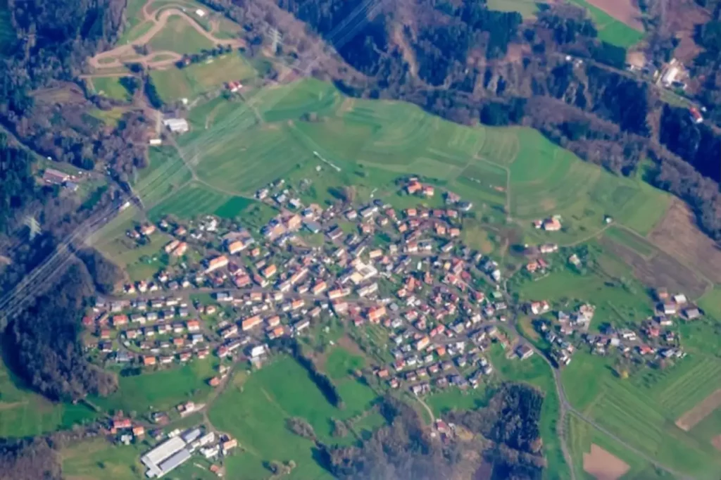 aerial drone shot panorama view of swiss village of Ziefen