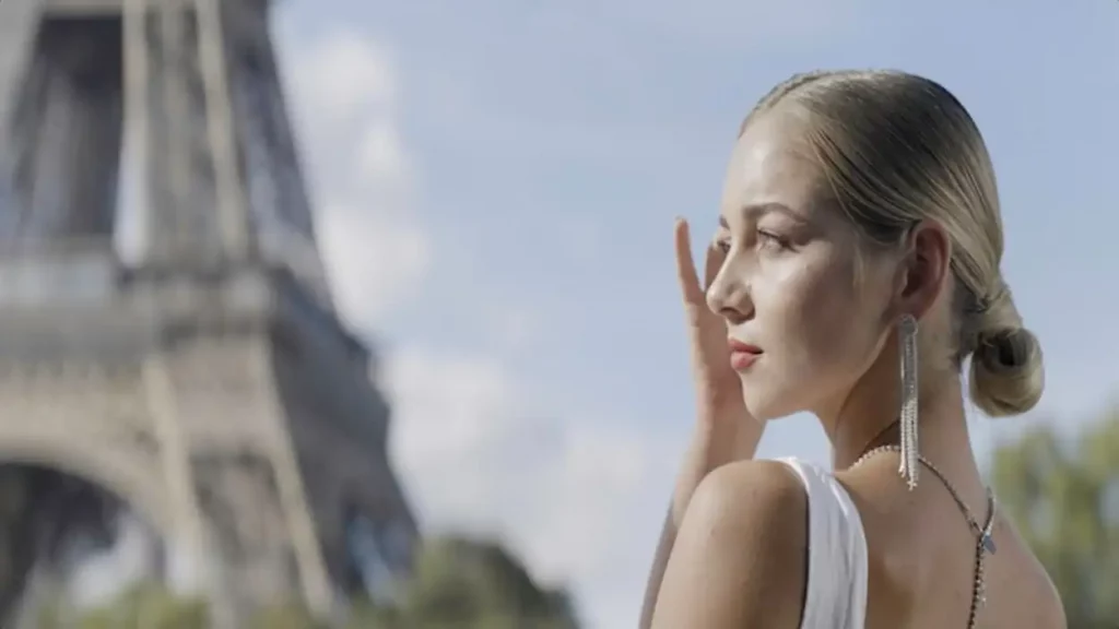 Beautiful model in paris action a lovely woman with a white hairstyle that has long silver earrings
