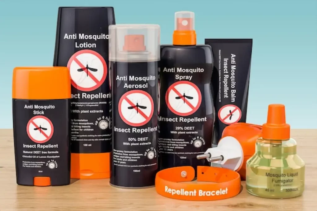 Set of insect repellent products on the wooden table 3D rendering