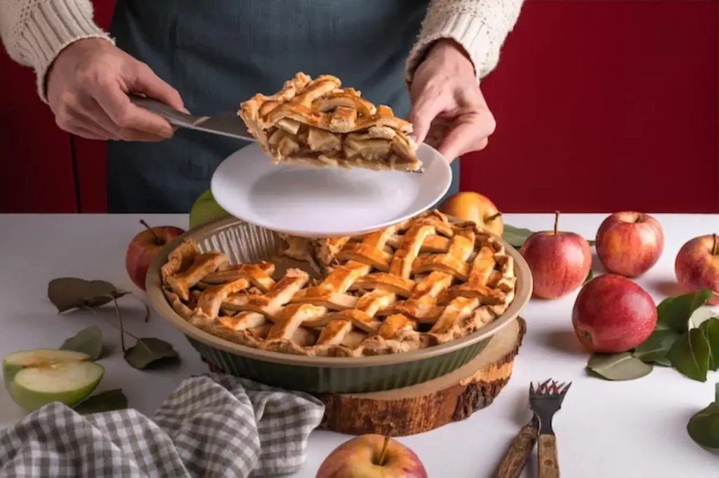 Woman serving a slice of apple pie on a plate ready to eat Thanksgiving traditional dessert with red and green apples Thanksgiving tart preparation autumn bakery Crispy weather sweets recipe