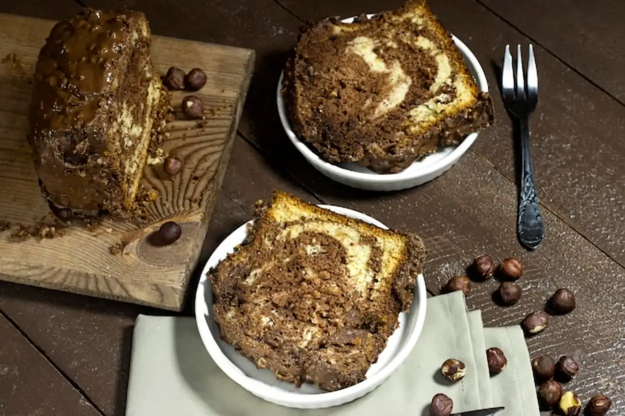 Delicious homemade marble pound cake and hazelnuts