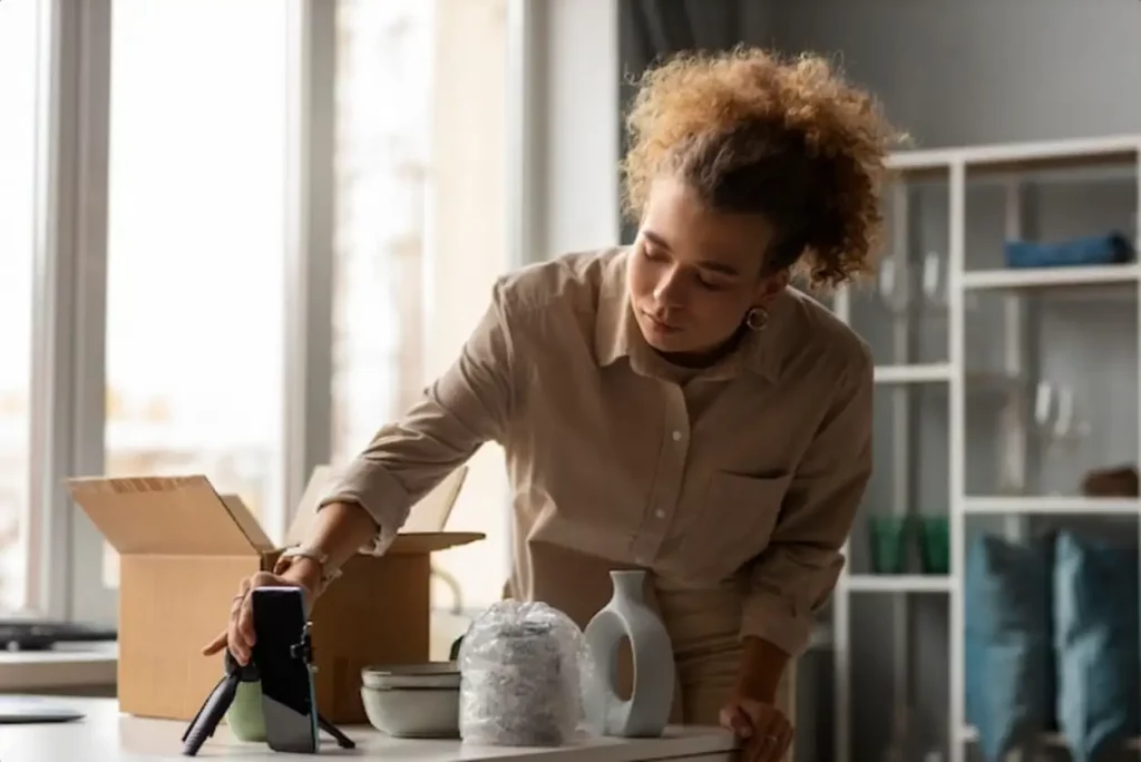 Young woman organizing live shop