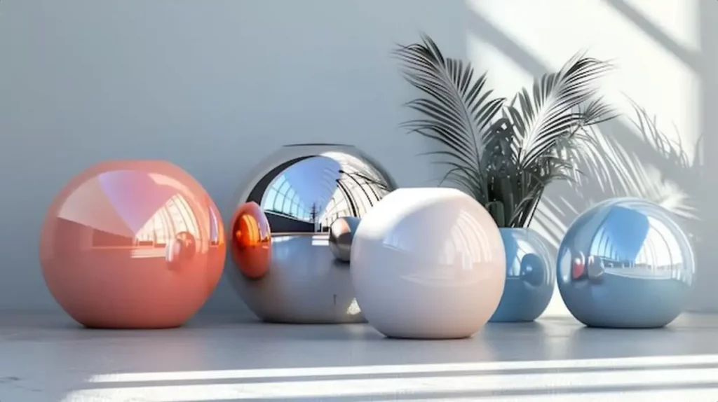 Five shiny colorful spheres and a plant in a blue vase on a white floor