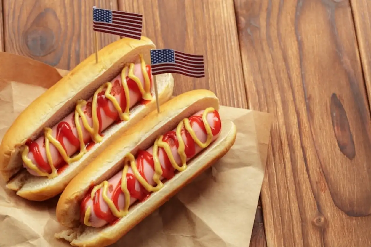 Hot dogs on wooden 