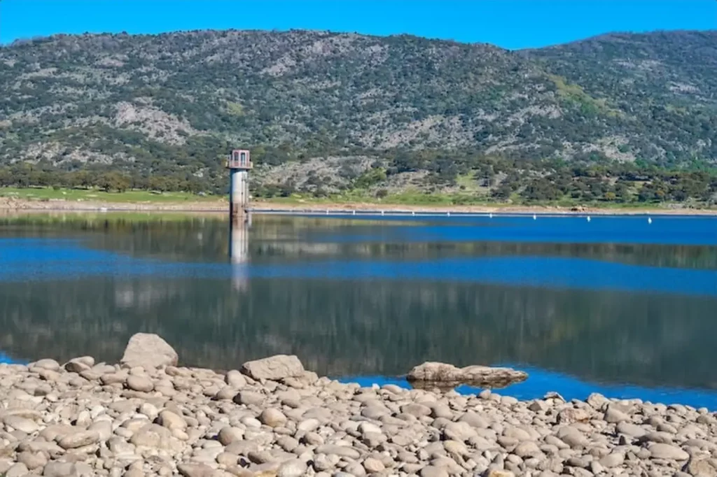 A dam control tower in the middle of the swamp