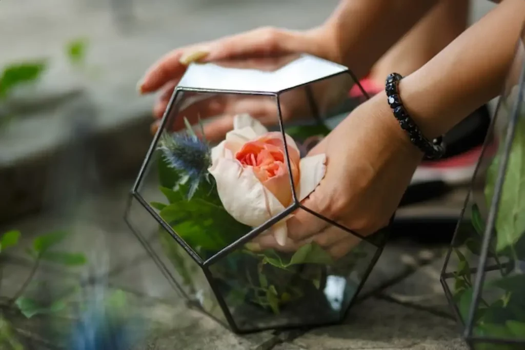 Florarium with fresh succulent and rose flowers. Florist workflow
