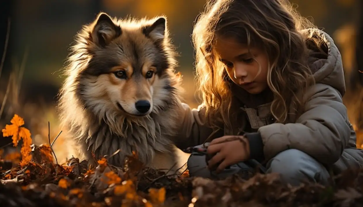 Cute girl playing with dog in the forest generated by artificial intelligence