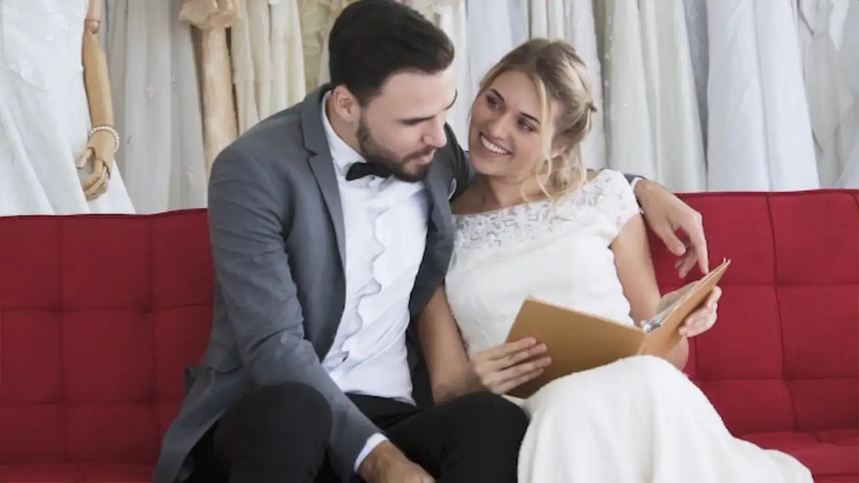 Happy bride and groom in wedding dress prepare for married in wedding ceremony. Romantic love of man and woman couple.