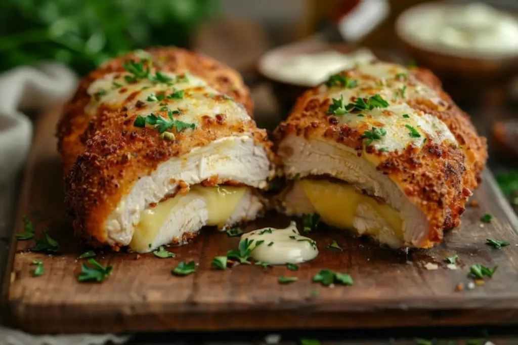 A sliced Chicken Kiev its a tender chicken cutlet with a cheesy and buttery filling that melts up