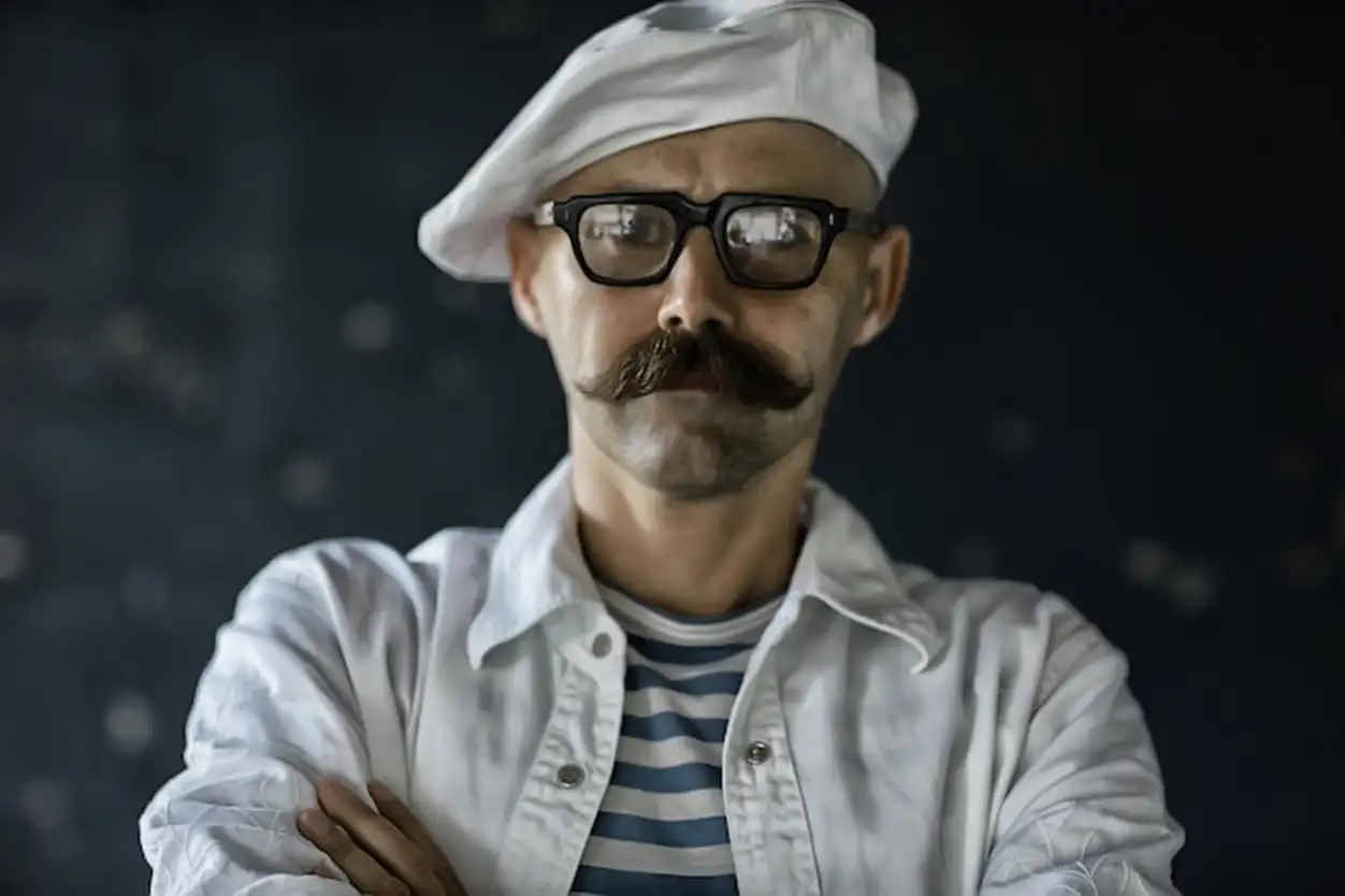 brutal cook with mustache, unusual marine chef in a vest, vintage style