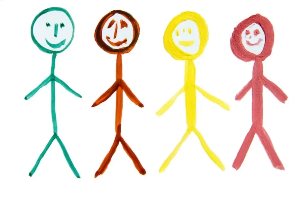 Four multicolored people, as a symbol of the diversity of nationalities, a watercolor drawing drawn by hand.