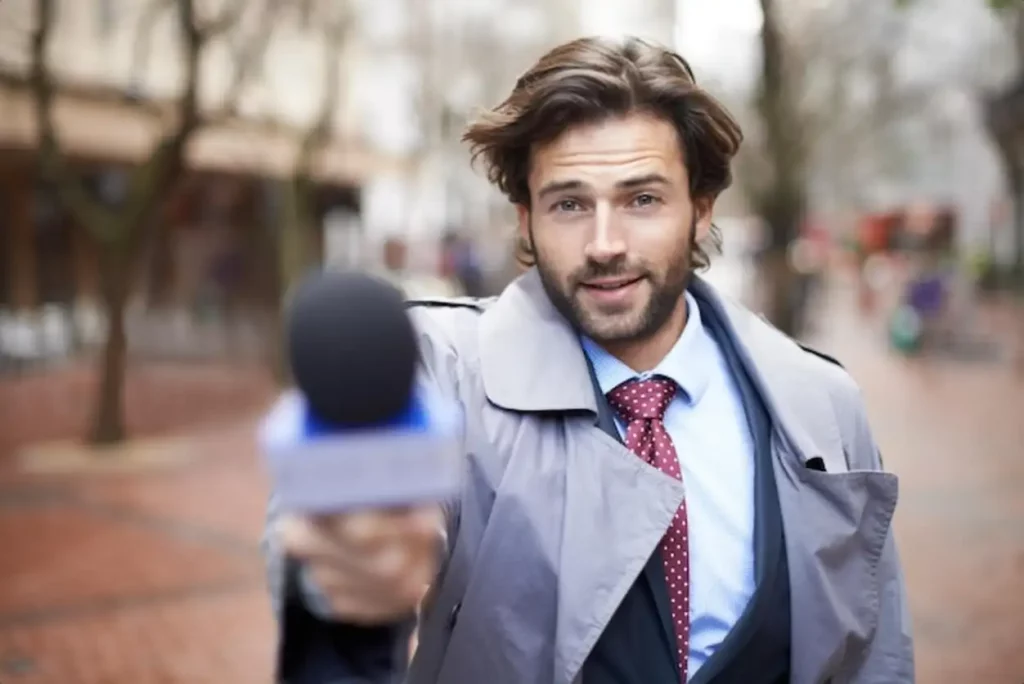 Microphone city and interview with man reporting and live streaming with broadcast and journalism Portrait person and employee with questions and feedback with breaking news and mic with opinion
