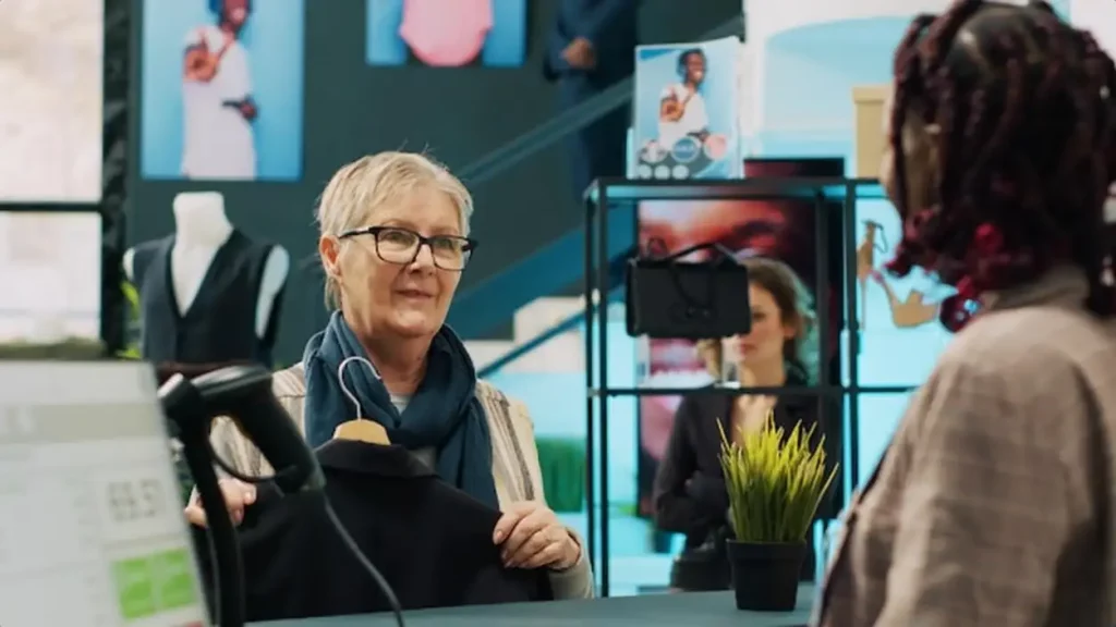 African american employee scanning clothes tags at checkout