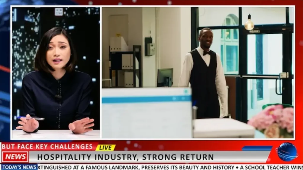 Asian news anchor presents new events in studio, talking about hospitality industry and tourism development during summer time. Woman broadcaster journalist creating television content.