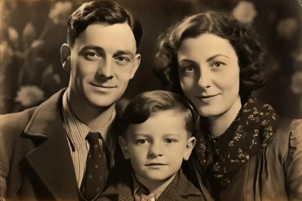Front view beautiful family posing vintage portrait