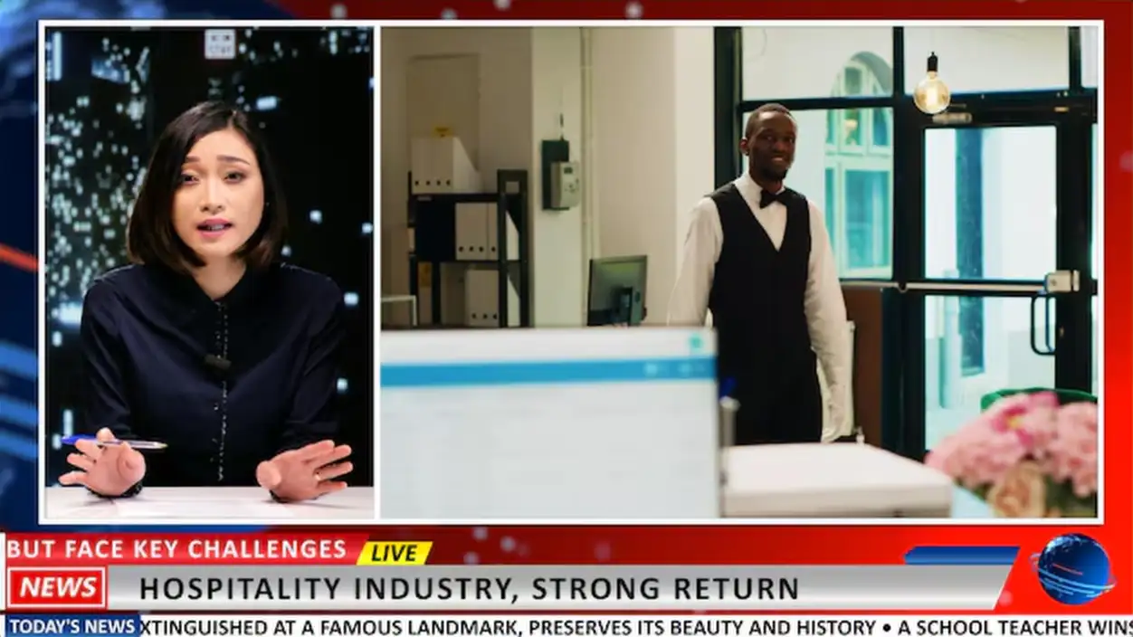 Asian news anchor presents new events in studio, talking about hospitality industry and tourism development during summer time. Woman broadcaster journalist creating television content.