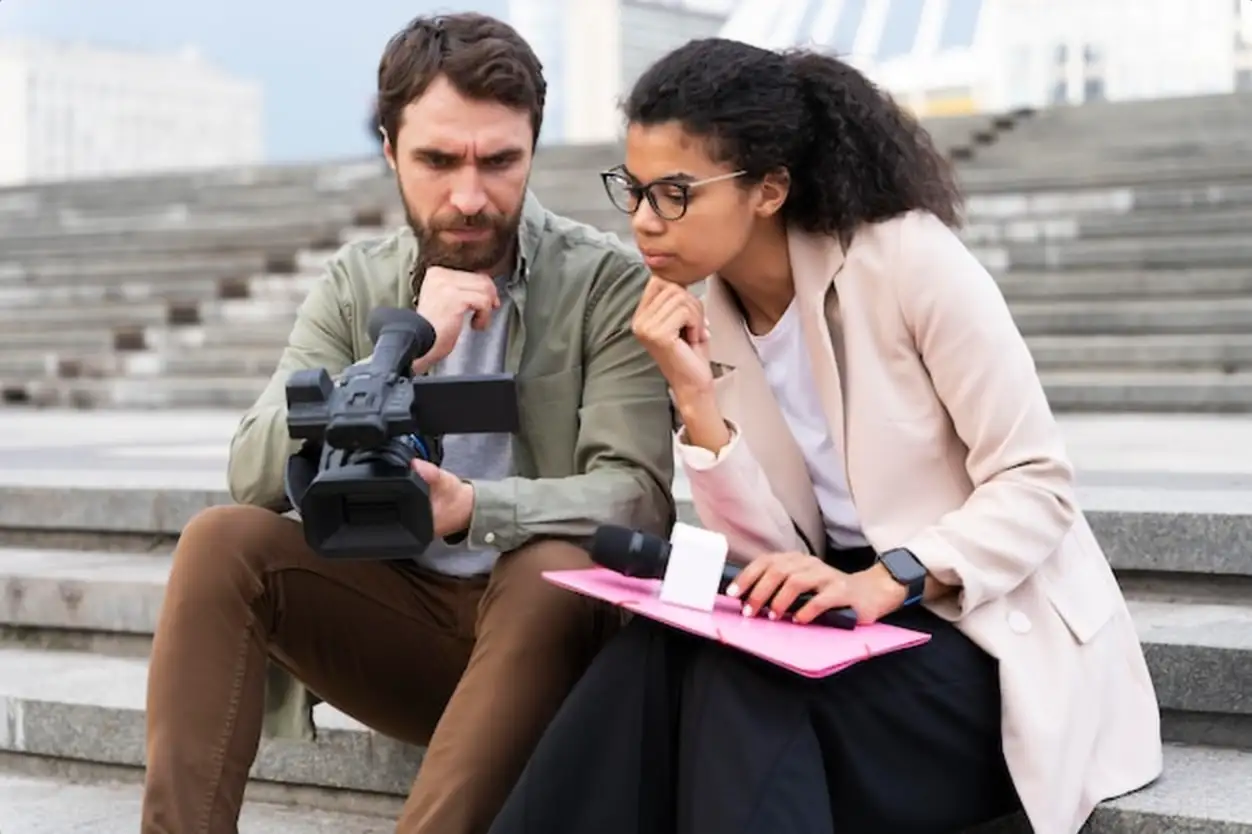 Female journalist talking to her cameraman